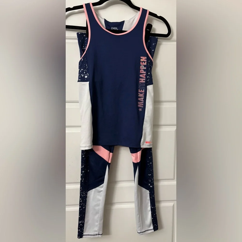 Zara‎ Girls Navy Pink White Sports Athleisure Outfit Tank Leggings Pants 13 14
